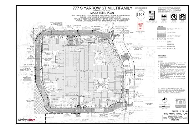 The site plan for 777 S Yarrow Street. The project would demolish the existing office building and replace it with a five story condo or apartment building with 412 units and 542 parking spaces in a garage. (Photo courtesey City of Lakewood) 